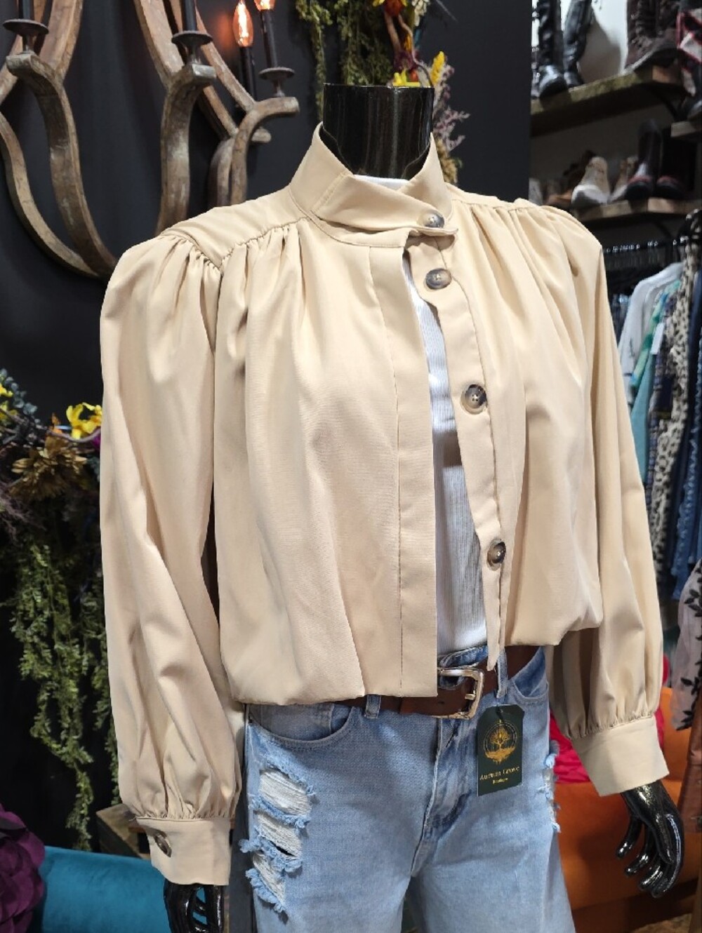 Light Tan Button Front High Neck Bubble Bottom Jacket / Blouse